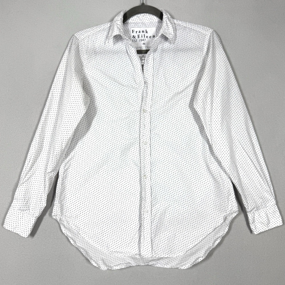 Frank and Eileen Top Women XS FRANK Shirt Button Up White Grey Heart Print Italy